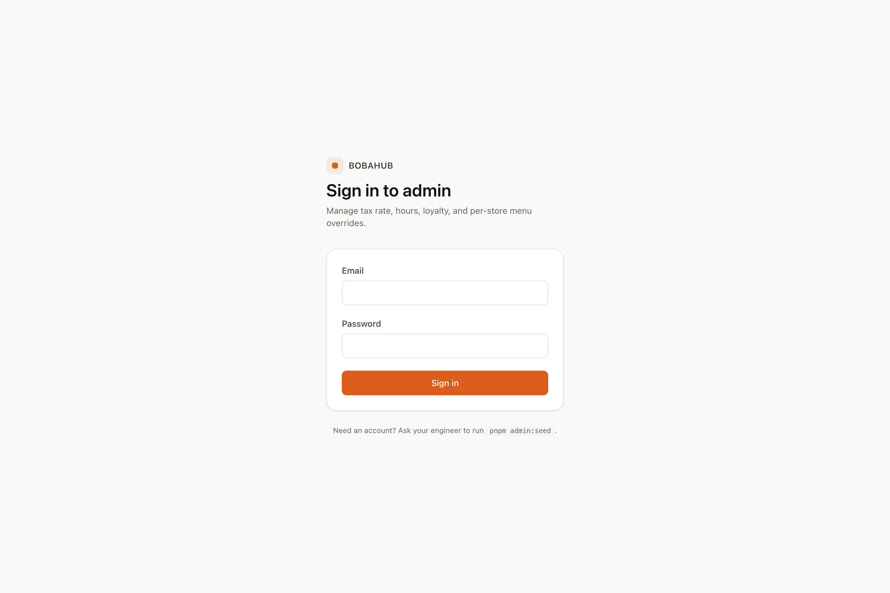 BobaHub admin login interface